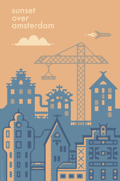 Book cover design in a minimalistic graphic style, depicting futuristic buildings in an Amsterdam of the future.