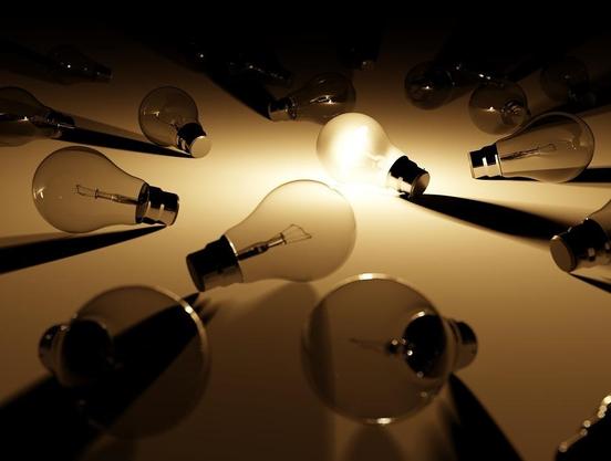 A single illuminated light bulb among many unlit ones. Image credit: Pixabay user ColiN00B