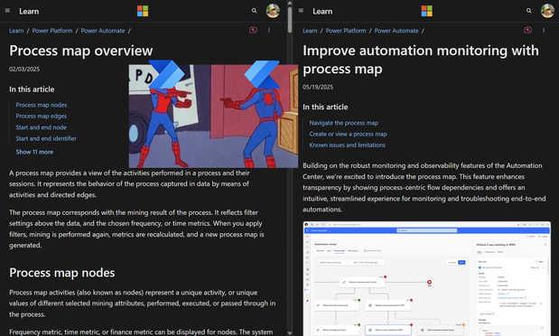 Power Automate documentation: process map vs. process map. Including the Spiderman meme.