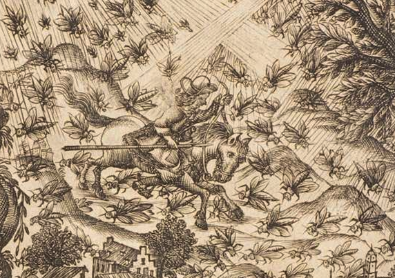 A man is riding a horse and big bugs are flying all around. This detail is from a late seventeenth-century print (the print is included as the last page of "Des Alt- und Neuen bekandten Welt-Cräyses Abbild- und Beschreibung", printed in 1694.). The post refers to the “windscreen phenomenon”, i.e. the observation that fewer insects are being splattered on car windscreens than they used to be.