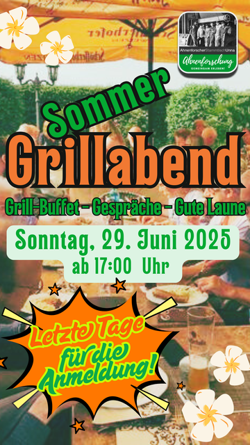 In 2 Tagen ist es soweit - der Ahnenforscher-Stammtisch Sommer-Grillabend!

🗓️ 29. Juni 2025 von 17 bis 21 Uhr
📍 Landgasthof Tobi bei Linneweber in Schwerte

Wer noch dabei sein möchte, meldet euch gerne an:
📧 info@ahnenforscherstammtisch.de

Alle Details findet ihr hier: 
https://www.ahnenforscher-stammtisch-unna.de/2025/05/11/ahnenforscher-stammtisch-unna-sommer-grillabend-am-29-06-2025-in-schwerte/