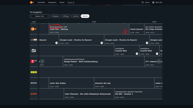 Grafische Oberfläche der ZDF Programmseite. Obwohl die Maus über dem Streifen des Montagskino-Films schwebt, lässt sich dort keinerlei Link zu mehr Info aktivieren. Entweder der ZDF hat die rechte gekauft und hat die Sendung in der Mediathek, oder es gibt gar keinen Service.