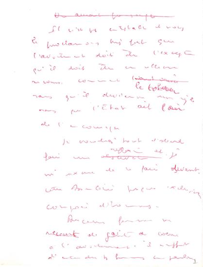 Feuillet n°7 du manuscrit à l'encre rouge du discours de Simone Veil le 26 novembre 1974 pour défendre la loi dépénalisant l’avortement en France (Archives nationales de France, 688AP/441)