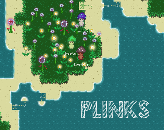 A pixel art scene from the game Plinks, showing three small mushroom-like creatures named Epar-Tata, Evea-Unya, and Evea-Ipa standing on a grassy island surrounded by ocean. The island is dotted with glowing yellow and purple flowers. Each Plink has unique colors, purple, green, and brown. On the bottom right, the game's title "PLINKS" is written in large striped letters.