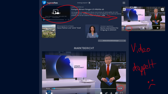 Screenshot von tagesschau.de. Das selbe Video steht 2 mal direkt untereinander.