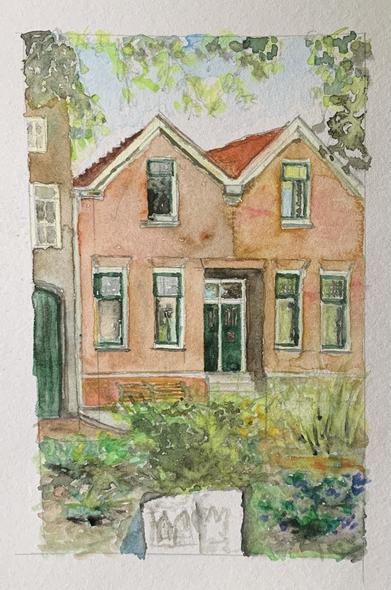 Urban watercolor sketch of three houses en green at Maartensgat, Dordrecht. Summer.