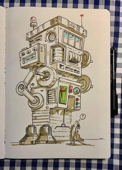 A cartoon-style illustration features a large, quirky machine with various mechanical details, buttons, and screens. A small, curious character stands in front of it, looking up at it with a puzzled expression