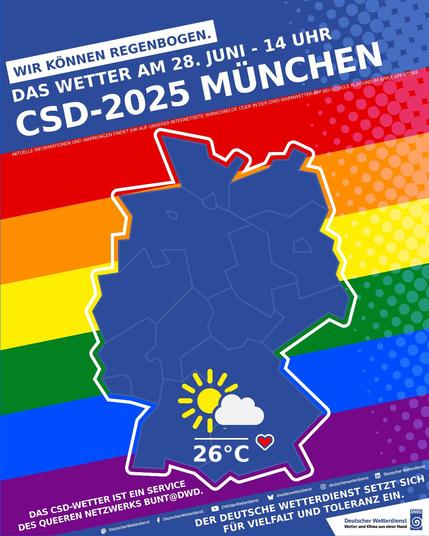 Die Grafik zeigt die Wettervorhersage für die CSD-Parade in München am 28. Juni 2025, 14 Uhr, mit Temperaturen bis 26°C. Quelle: Deutscher Wetterdienst