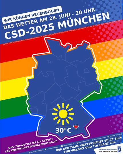 Die Grafik zeigt die Wettervorhersage für die CSD-Parade in München am 28. Juni 2025, 20 Uhr, mit Temperaturen bis 30°C. Quelle: Deutscher Wetterdienst