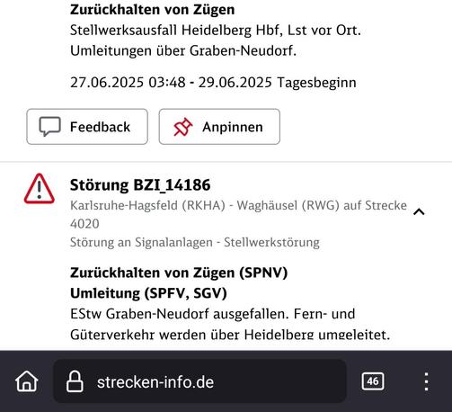 Screenshot strecken-info.de
Stellwerksausfall Heidelberg mit Umleitung über Graben-Neudorf. Dort aber auch Stellwerksausfall und damit Umleitung über Heidelberg