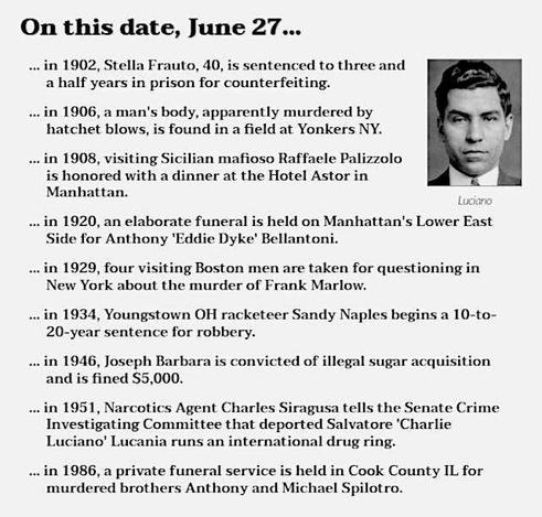 Image of Salvatore 'Charlie Luciano' Lucania. Text reads: On this date, June 27...
in 1902, Stella Frauto, 40, is sentenced to three and a half years in prison for counterfeiting.
in 1906, a man's body, apparently murdered by hatchet blows, is found in a field at Yonkers NY.
in 1908, visiting Sicilian mafioso Raffaele Palizzolo is honored with a dinner at the Hotel Astor in Manhattan.
in 1920, an elaborate funeral is held on Manhattan's Lower East Side for Anthony 'Eddie Dyke' Bellantoni.
in 1929, four visiting Boston men are taken for questioning in New York about the murder of Frank Marlow.
in 1934, Youngstown OH racketeer Sandy Naples begins a 10-to-20-year sentence for robbery.
in 1946, Joseph Barbara is convicted of illegal sugar acquisition and is fined $5,000.
in 1951, Narcotics Agent Charles Siragusa tells the Senate Crime Investigating Committee that deported Salvatore 'Charlie Luciano' Lucania runs an international drug ring.
in 1986, a private funeral service is held in Cook County IL for murdered brothers Anthony and Michael Spilotro.