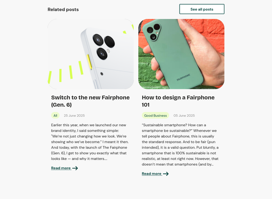 Screenshot of two "related articles" below the article linked above. "Switch to the new Fairphone (Gen. 6)" and "How to design a Fairphone 101".