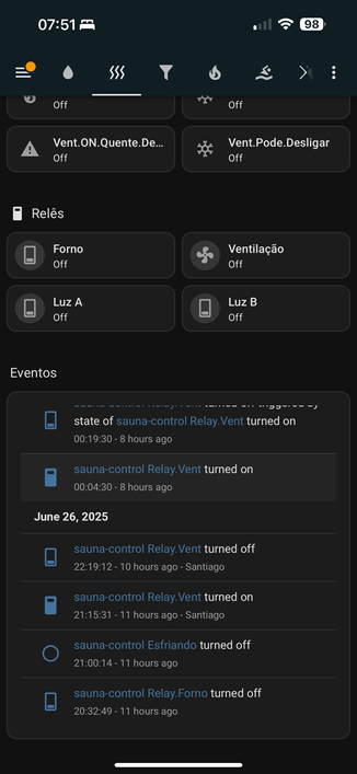 Home assistant page shows virtual sensors on top (too hot, can turn off vent), four real relays to turn on heater, lights or ventilation. The bottom part shows even log when things turn on / off and by which actors