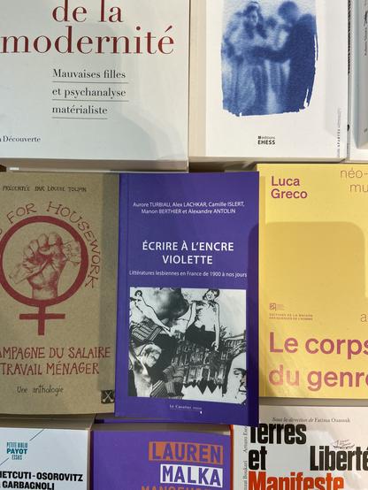 Livre « écrire à l’encre violette » sur un étal de librairie
