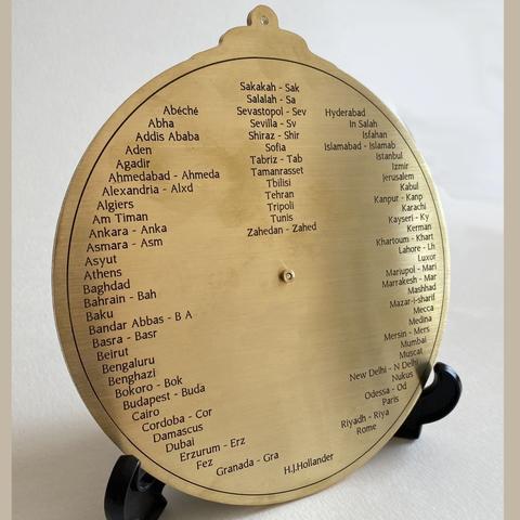 The back of the qibla finder wit the cities