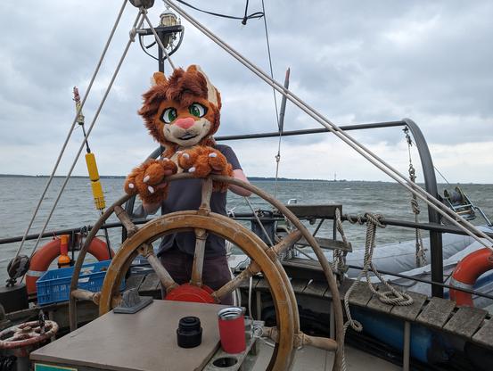 An cat fursuiter wearing a fursuit head and paws is standing at the wooden wheel of a boat, pretending to steer. The boat is on a large body of water under a cloudy sky, with various nautical equipment, life preservers, and ropes visible on deck.