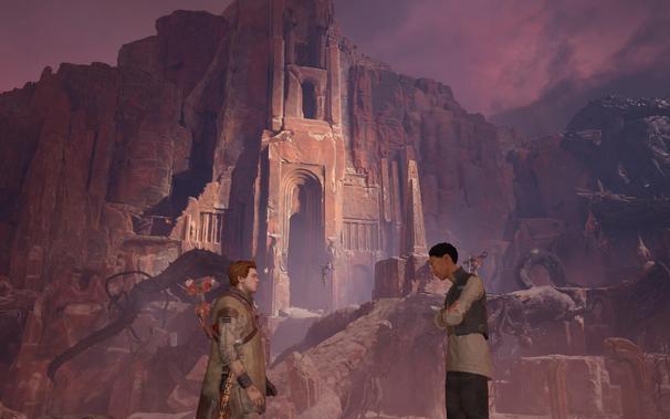 A screenshot of Star Wars Jedi: Fallen Order, depicting Cal Kestis in discussion with Cere, with Dathomirian architecture looming in the background