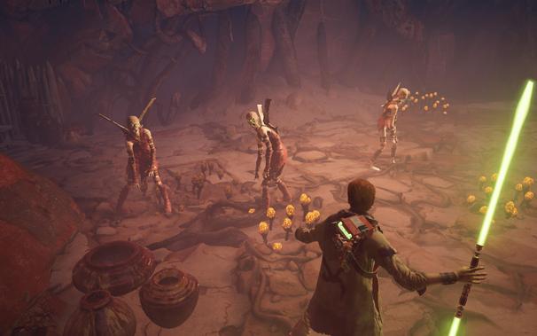 A screenshot of Star Wars Jedi: Fallen Order, depicting Cal Kestis about to face off with a number of reanimated nightsisters.