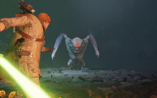 A screenshot of Star Wars Jedi: Fallen Order, depicting Cal Kestis facing off with Gorgara.
