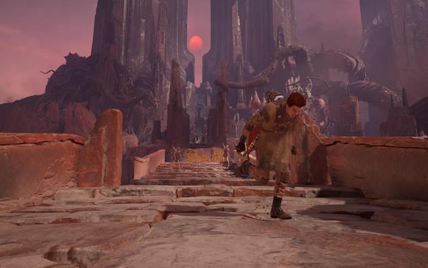 A screenshot of Star Wars Jedi: Fallen Order, depicting Cal Kestis sprinting towards the camera as reanimated nightsisters giving chase.