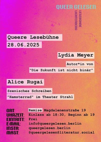 💥Ankündigung! Samstag 28.06.2025💥

🏳️‍🌈📖 Queer gelesen - Queere Lesebühne 📖🏳️‍⚧️

Samstag, 28.06.2025 | 18:30 Uhr | Remise Magdalenenstraße 19 10365 Berlin

Anreise: U5, Bus 240 Magdalenenstraße

📣 Aufruf: https://asanb.noblogs.org/?p=12026 - @queergelesen.berlin

#b2806 #QueerGelesen

28.06. in der Remise von @plattenkosmos: Queere Lesebühne

mit @meyermeyermeyerr und @muitoevoli …

wir freuen uns sehr auf den Abend!