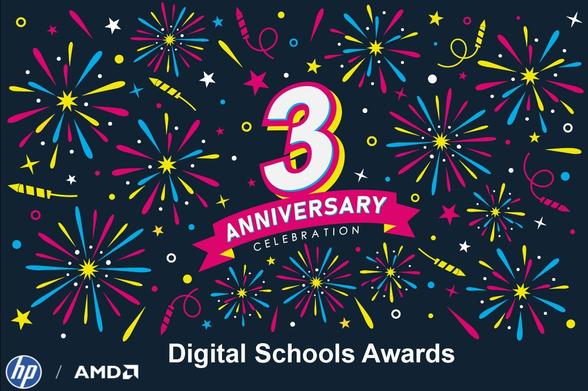 Illustration showing fireworks and text to say 3 year anniversary celebration, Digital Schools Awards and logos for HP and AMD (sponsors of the Digital Schools Awards).