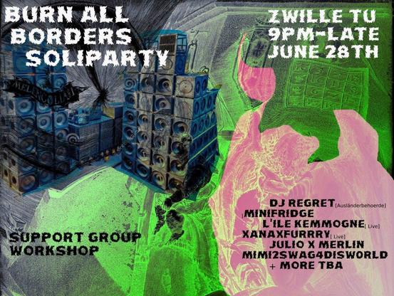 💥Ankündigung! Samstag 28.06.2025💥

🔥✊🏾VERBRENNT ALLE GRENZEN – SOLIPARTY FÜR UNSERE FLÜCHTLINGSKAMERADEN✊🏾🔥

Samstag, 28.06.2025 | 21:00 Uhr | Zwille Fasanenstraße 1A 10623 Berlin

Anreise: U2, U3, U9, S3, S5, S7, S9, RB14, RB21, RB22, RE1, RE2, RE7, RE56, Bus 100, 109 110, 200, 204, 245, 249, A05, M45, M46, M49, X10, X34 Bahnhof Zoologischer Garten

📣Aufruf: https://asanb.noblogs.org/?p=12057

#b2806 #BurnAllBorders

❤️‍🔥❤️‍🔥❤️‍🔥 Am Freitag, den 28. Juni, kommen wir zusammen, um zu feiern – und um uns zu wehren.

An diesem Abend geht es darum, Spenden für die Rechtskosten im Kampf um das Bleiberecht zu sammeln. Geflüchtete Genoss*innen werden schikaniert, verhaftet und abgeschoben.

Der Staat eskaliert – diese Party ist Teil der Antwort darauf.

Wir drehen die Lautstärke auf, nicht um zu vergessen, sondern um zu unterstützen. Alle Einnahmen gehen direkt an die Rechtsverteidigung. Jeder Drink, jeder Tanz, jeder Track hilft, zurückzuschlagen.

BURN ALL BORDERS bedeutet genau das, was es sagt. Wir feiern mit einem Ziel – mit Wut, Freude und absoluter Solidarität.

Lineup (mit 2 Bühnen: innen und außen):

- Workshop/Podiumsdiskussion zu Unterstützergruppen
- Minifridge (Grunge-Band)
- Xanaxfurry (Hyper-Rap)
- Dj regret (Techno Breakbeat)
- Mimi2swag4disworld (US-Rap-DJ)
- L'ile Kemmogne (Rap)
- Julio x MErlin (Feuer)

🔥 Tanzen bis spät in die Nacht
💸 Spenden an der Tür – alle Einnahmen gehen an die Rechtshilfe
🚫 Keine Bullen / Keine Chefs / Keine Grenzen