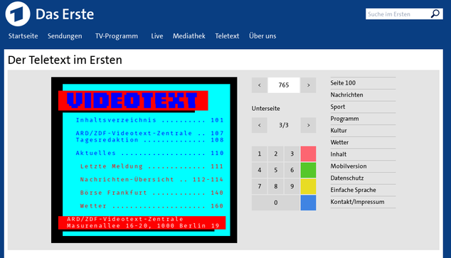 Screenshot der Unterseite 3 aus der seite 365 des ARD-Videotext.

Ein Historischer Rückblick auf die Seite 100 von vor mindestens 35 Jahren.
Dort heisst es noch:
  ARD/ZDF-Videotext-Zentrale           
  Masurenallee 16-20, 1000 Berlin 19