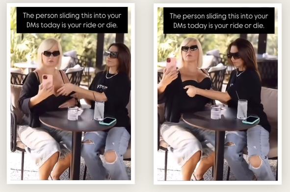 Two women sitting at a table at an outdoor cafe. One has very ample cleavage and is trying to take a selfie.  In the second photo, the other woman seeing the first's dilemma cups her boobs and lifts them up.