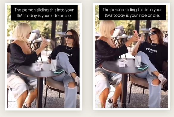 Two women sitting at a table at an outdoor cafe. One has very ample cleavage and is showing a selfie to the other woman after receiving some help.  In the second photo the other woman is giving a thumbs up.