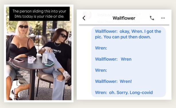 Two women sitting at a table at an outdoor cafe. One has very ample cleavage and is looking at the camera. The second is looking down pleased with the help she gave her friend.

The second photo is a screenshot from a text message between Wren and Wallflower.

"wallflower:  Okay, Wren. I got the pic. You can put them down.
Wren: ...
Wallflower: Wren.
Wren: ...
Wallflower:  Wren!
Wren: Sorry. Long-covid