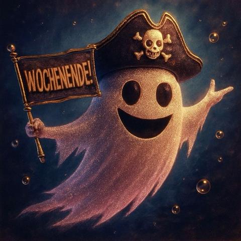 KI-Bild (GPT1 Medium):

Spensti mit Piratenhütchen spukt frohgemut und hält eine Fahne, auf der "Wochenende!" steht. Alle Piratentiere gehorchen natürlich aufs Wort.