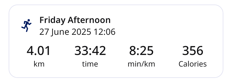 Jeffing statistics from today's outing 4km in about 34 minutes.
