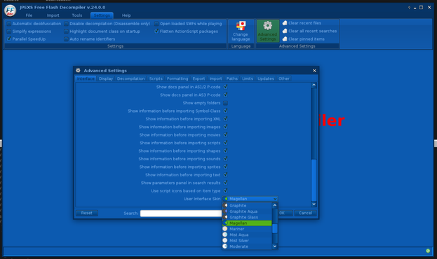 The advanced settings screen with the themes dropdown, highlighted: the Magellan theme. Which is in use and has terrrible contrast.