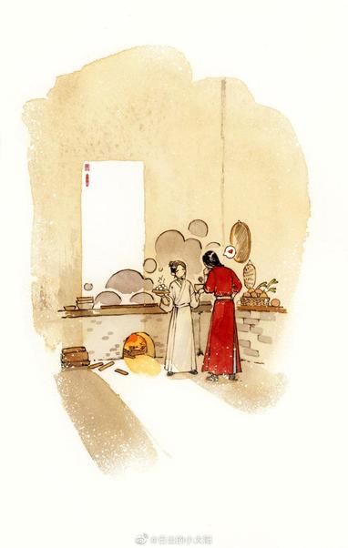 Art from the postcards in the TGCF English translation. Xie Lian and Hua Cheng are standing in a kitchen. Xie Lian is holding a plate and a bowl of food, and Hua Cheng is looking at them, with a little heart speech bubble coming off of him.