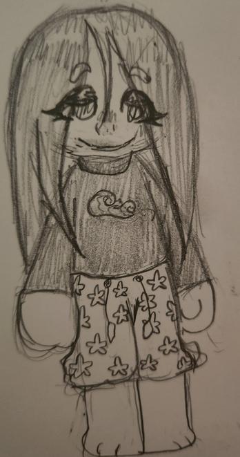 A chibi tradtional doodle of a human character wearing swim attire. He has long hair, wet from his adventures splashing about. He is sporting a rash guard, which has long sleeves, with a little wave on the front and cute swimtrunks bearing stars all over it.