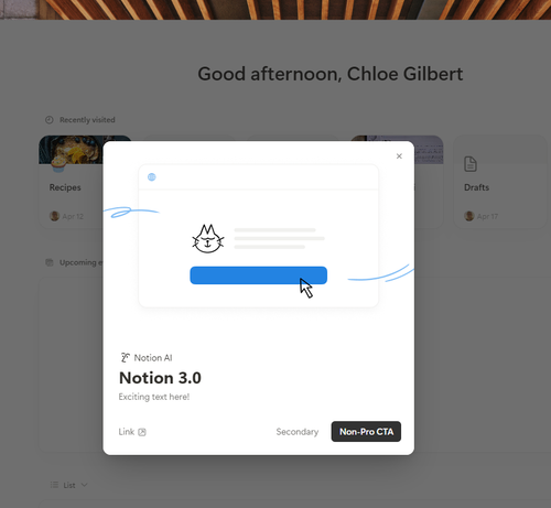 A strange dialogue box that says "Notion AI Notion 3.0 Exciting text here!" 

There is a diagram of a cartoon cat, some greyed out text and an empty blue dialogue box.

At the bottom are two buttons. The highlighted button says "Non-Pro CTA" and the other button says "Secondary"