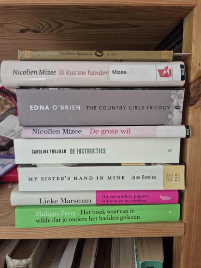 Pile of books, from top: Hamlet, Nicolien Mizee 'Ik kus uw handen', Edna O'Brien 'The country girls trilogy', Nicolien Mizee 'De grote wil', Carolina Trujillo 'De instructies', Jane Bowles 'My sister's hand in mine', Lieke Marsman 'Op een andere planeet kunnen ze me redden', Philippa Perry 'Het boek waarvan je wilde dat je ouders het hadden gelezen'.