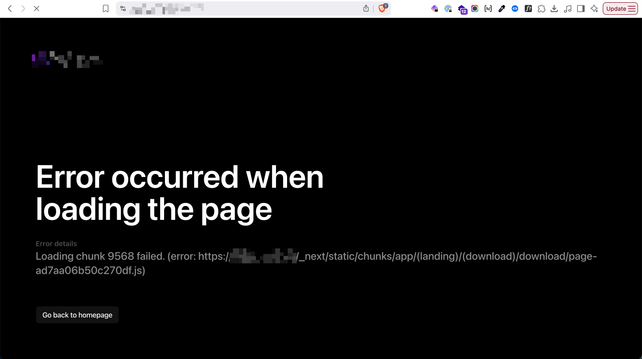 A desktop screenshot of a Mac product website that was built with Next JS framework and the site crashed and showed me an error page with a link that I can click to go back to home page.