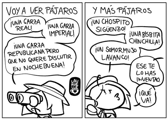 Dos viñetas. La primera pone 'voy a ver pájaros' y debajo Laurielle enumera los que va viendo: una garza real, una imperial y una republicana pero que no quiere discutir en Nochebuena. La segunda viñeta lleva de título 'y más pájaros' y Laurielle continúa: un chospito sigüenzo, una bisbita chinchilla, un somormujo lavanco. Una voz en off dice 'ese te lo has inventado' y ella responde que qué va porque el somormujo lavanco no sólo existe, es que hasta salió en el programa de John Oliver.