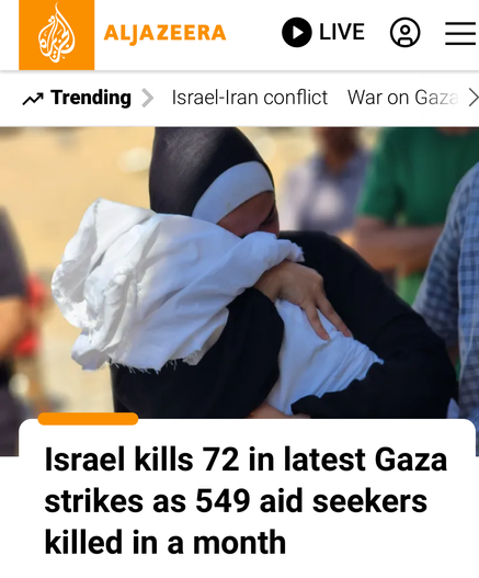 aLjazeera
Israel kills 72 in latest Gaza |

strikes as 549 aid seekers

killed in a month