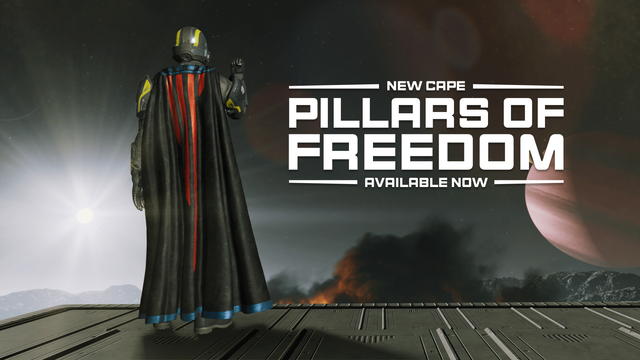 Screenshot of the cape mentioned, a Helldivers character is wearing it. It’s a black cape with red lines running down from the neck, depicting the massive increase in negative reviews from Sony’s terrible decisions. Blue trim at the top and bottom of the cape acknowledge the return to mostly positive reviews after Sony reversed its dumb decisions