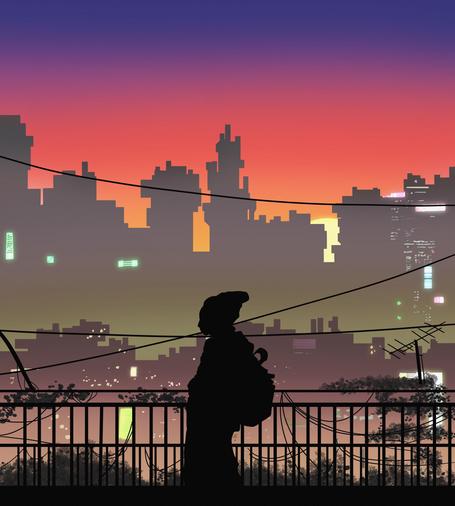 A cityscape digital drawing featuring a setting sun, a couple of blocks of nondescript buildings and some lighting. The foreground has in silhouette a woman walking by.

This is a work in progress. I still have so much to do.