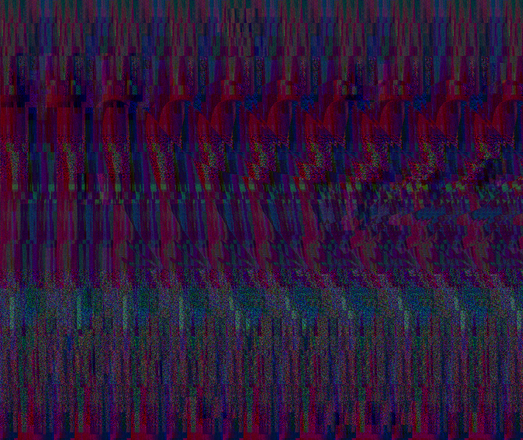 A stereogram made of a glitchy texture in reds and blues. When completed, the stereogram reveals a glitchy butterfly with long tails.