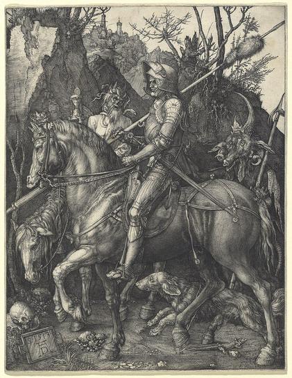 Dürer's Knight,death and devil.
A stolid armoured knight on a proud horse, accompanied by his faithful dog, rides through a wild narrow gorge flanked by a goat-headed devil and the figure of death riding a pale horse. Death's rotting corpse holds an hourglass, a reminder of the shortness of life. The rider moves through the scene looking away from the creatures lurking around him, and appears almost contemptuous of the threats, and is thus often seen as symbol of courage, the knight's armour, the horse which towers in size over the beasts, and the oak leaves are symbolic of the resilience of faith, while the knight's plight may represent Christians' earthly journey towards the Kingdom of Heaven symbolized by the city on the hill.