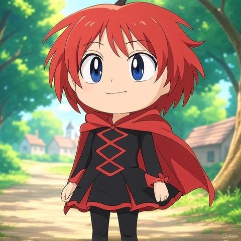 Small Ruby Rose plushie rendered as anime artwork.