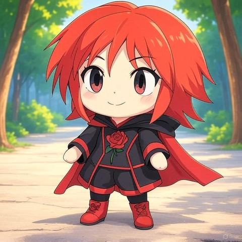 Small Ruby Rose plushie rendered as anime artwork.