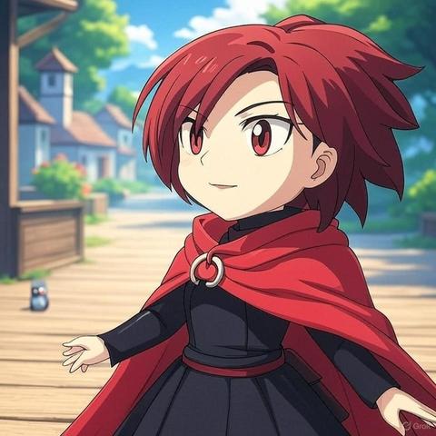 Large (original) Ruby Rose plushie rendered as anime artwork.