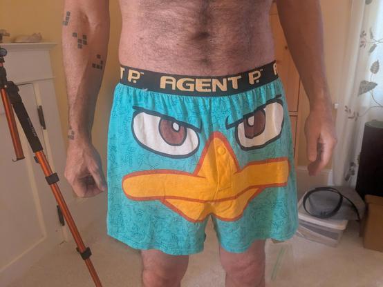 Man wearing Perry the Platypus boxer shorts. Only the midsection is visible.