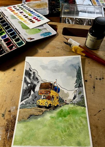 Aquarellzeichnung der Bärenbande im Tartanmobil, auf dem Weg durch die Alpen.